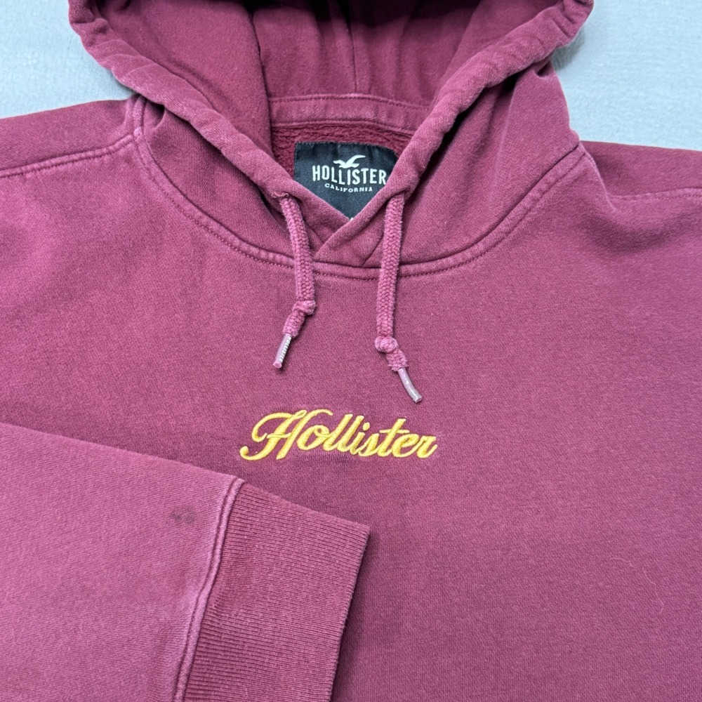 Hollister Hoodie Mens M Burgundy Embroidered Logo Pullover Fleece Sweatshirt - Picture 2 of 7